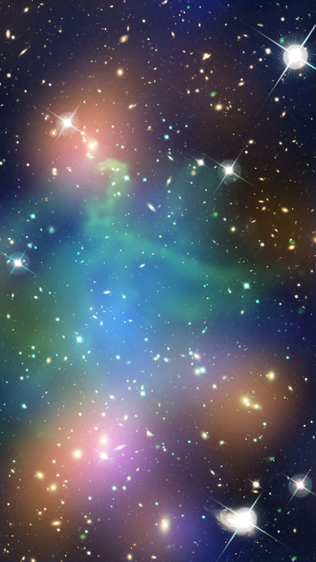 カラフルな銀河、星々、そして緑の塊 壁紙