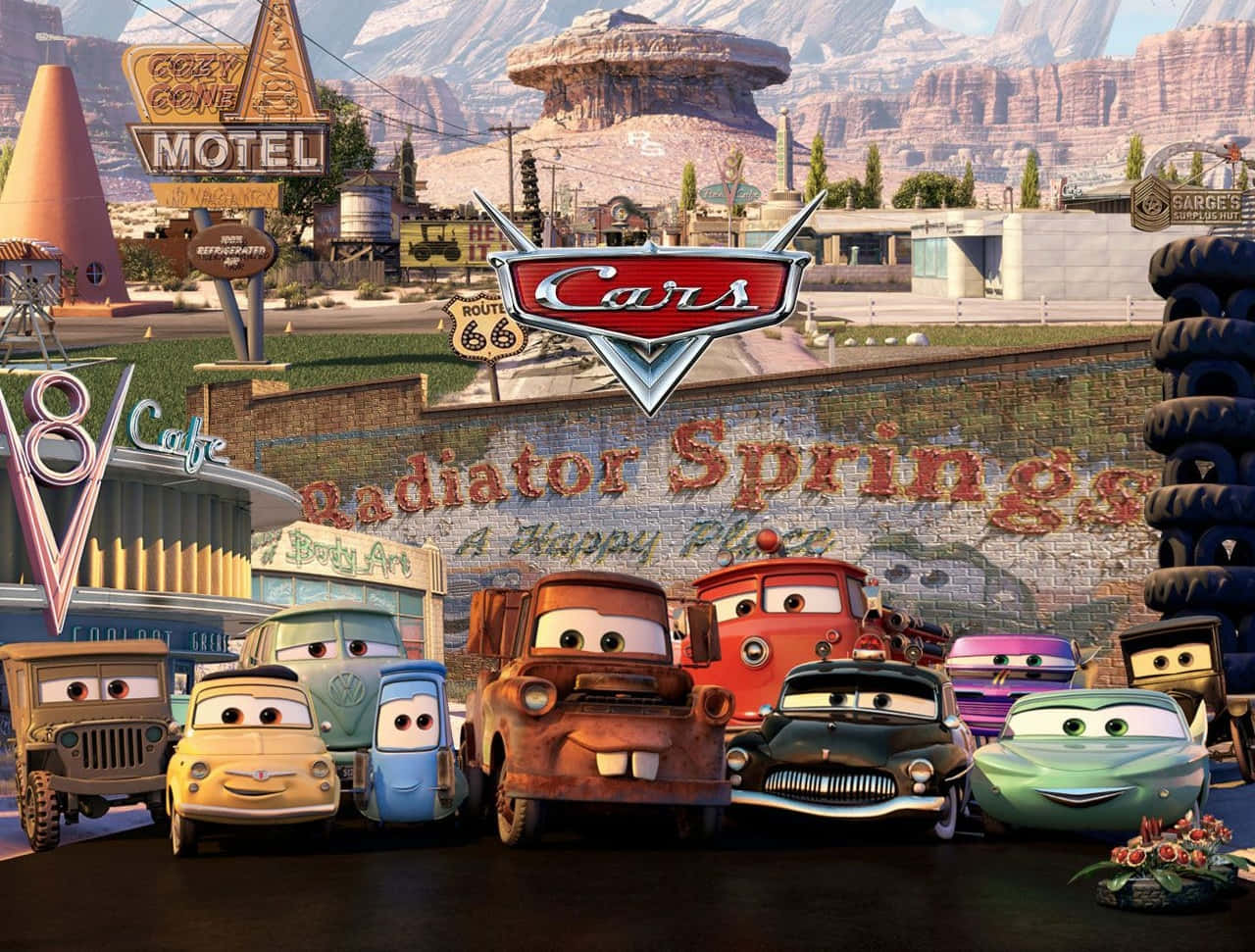カーズのキャラクターたちが集うラジエーター・スプリングス 壁紙