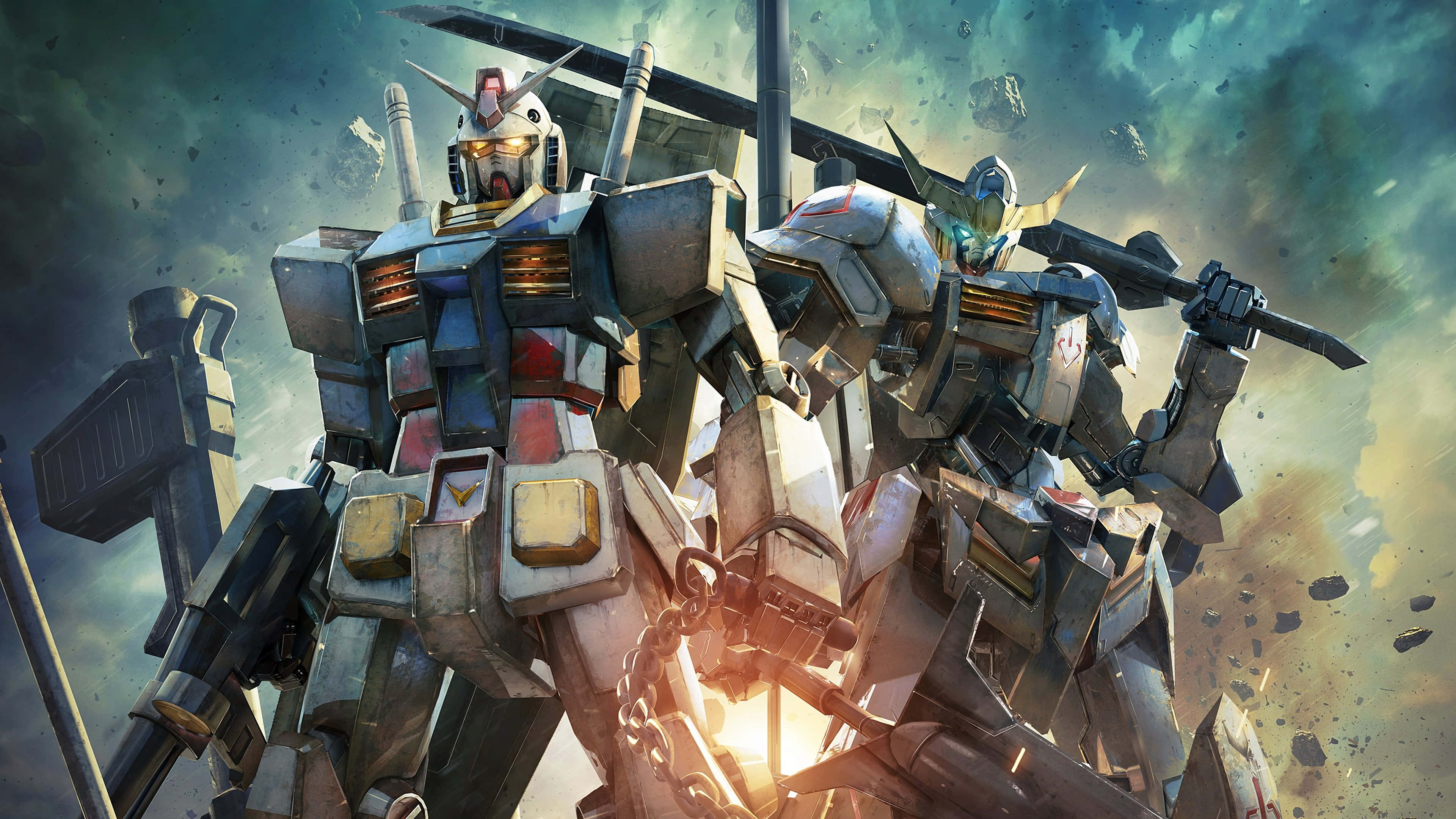 ガンダムのパイロットが上空から大都市を見下ろす 壁紙