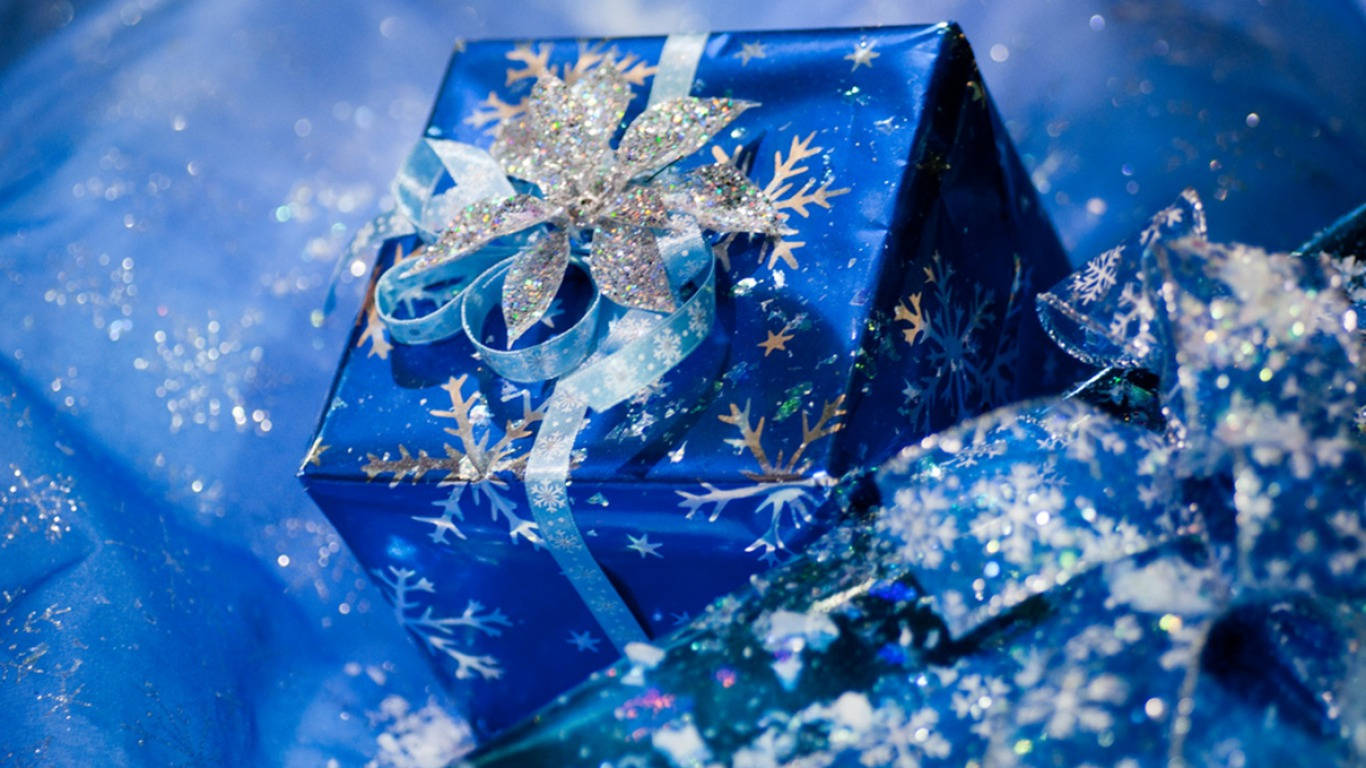 キラキラ光る青いクリスマスプレゼント 壁紙