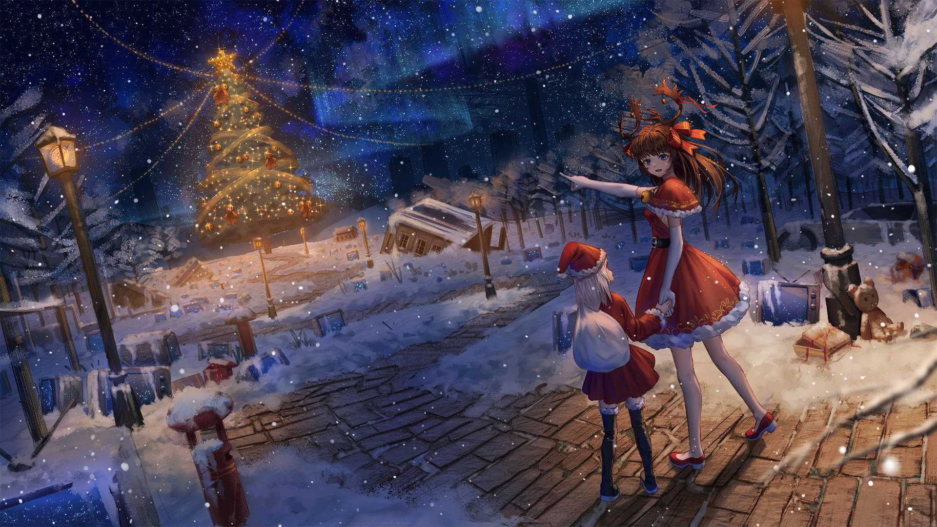 クリスマスに手をつなぐアニメの少女 壁紙