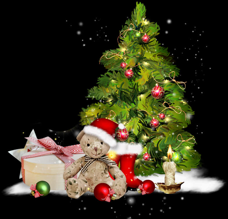クリスマスのテディベアとツリー 壁紙