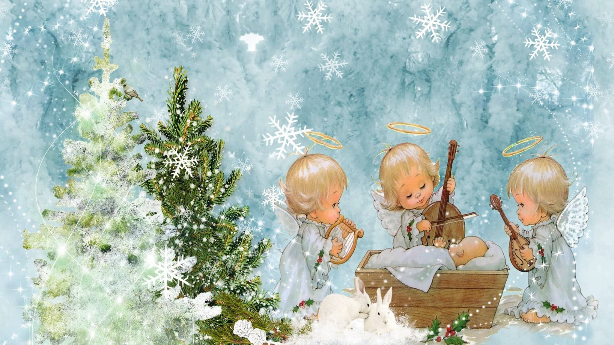 クリスマスの天使たちと幼子イエス 壁紙