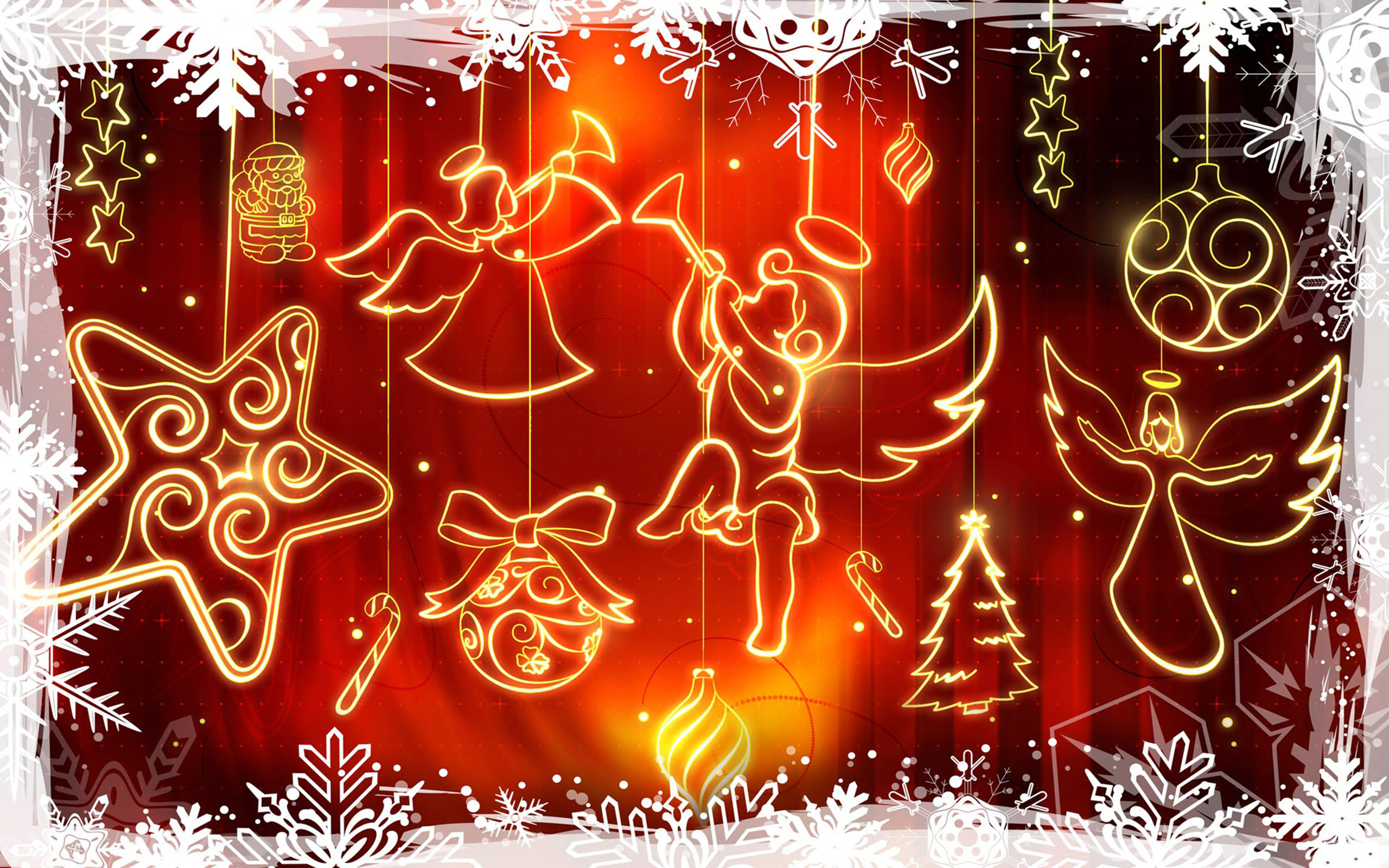 クリスマスの天使とオーナメントライト 壁紙