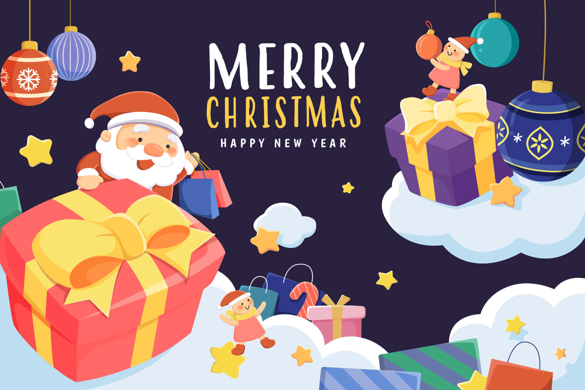 クリスマスエルフ、サンタ、プレゼントが描かれたグリーティングカード 壁紙