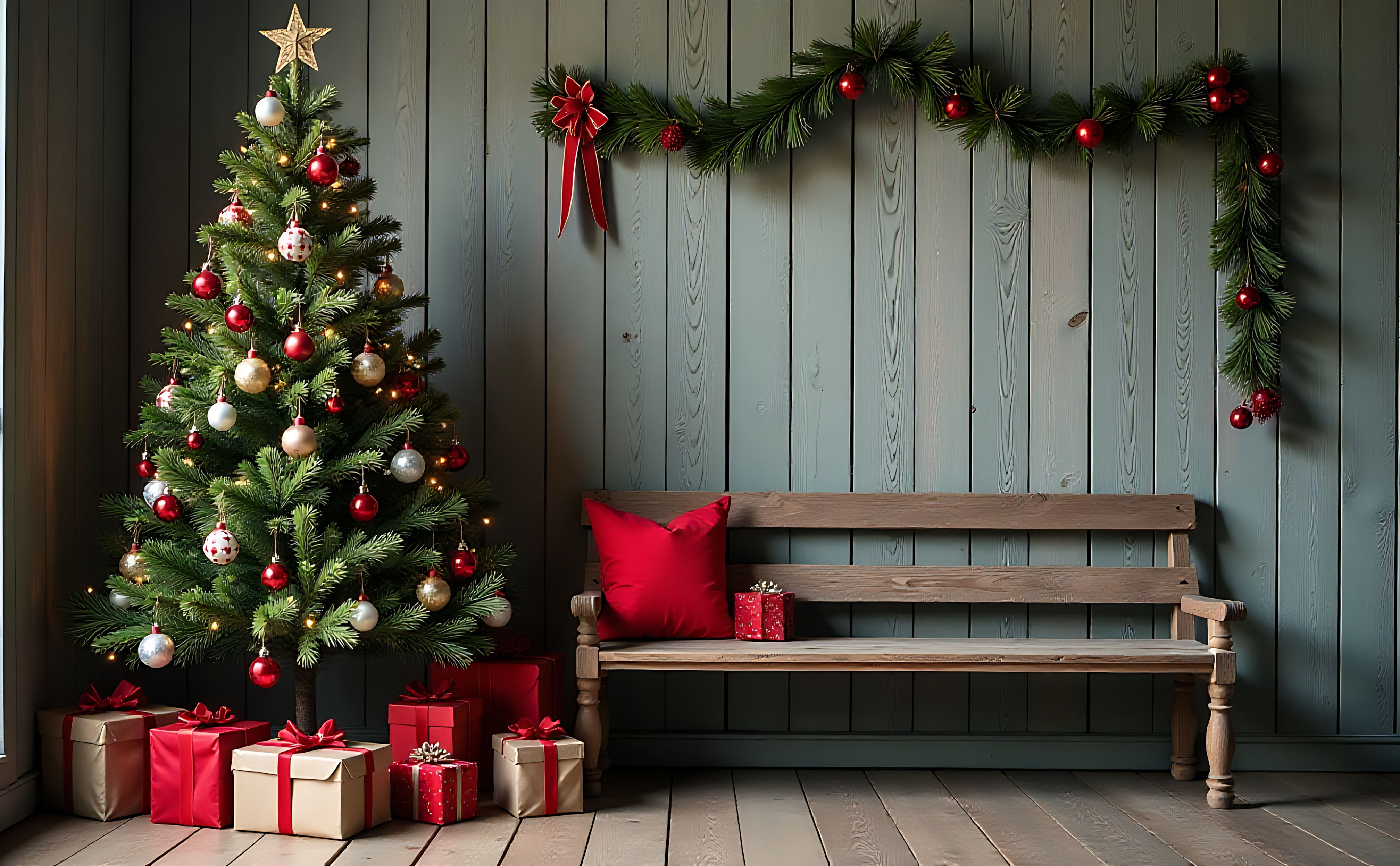 クリスマスツリーとプレゼント、木の壁 壁紙