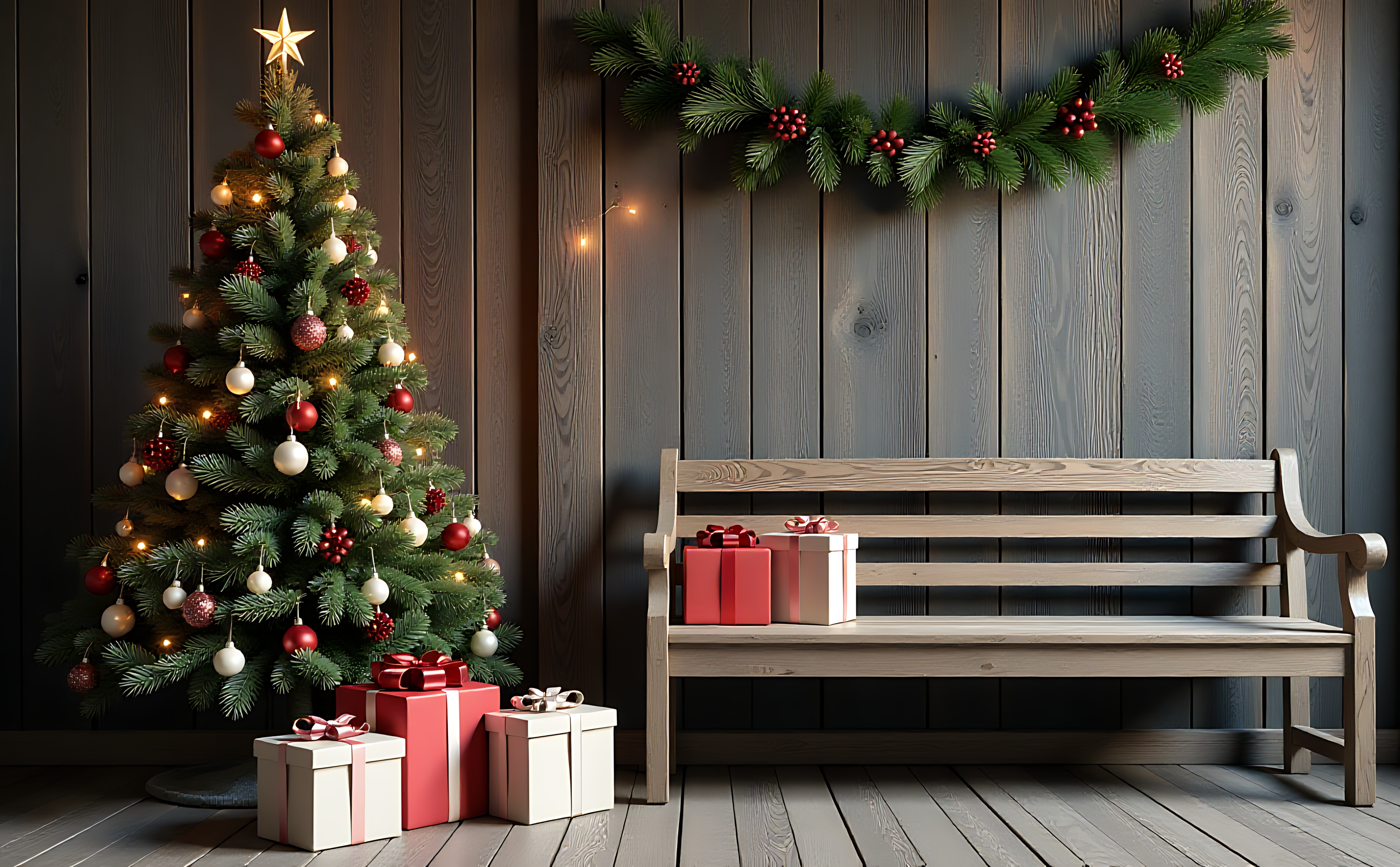 クリスマスツリーと贈り物のある居心地の良いベンチ 壁紙