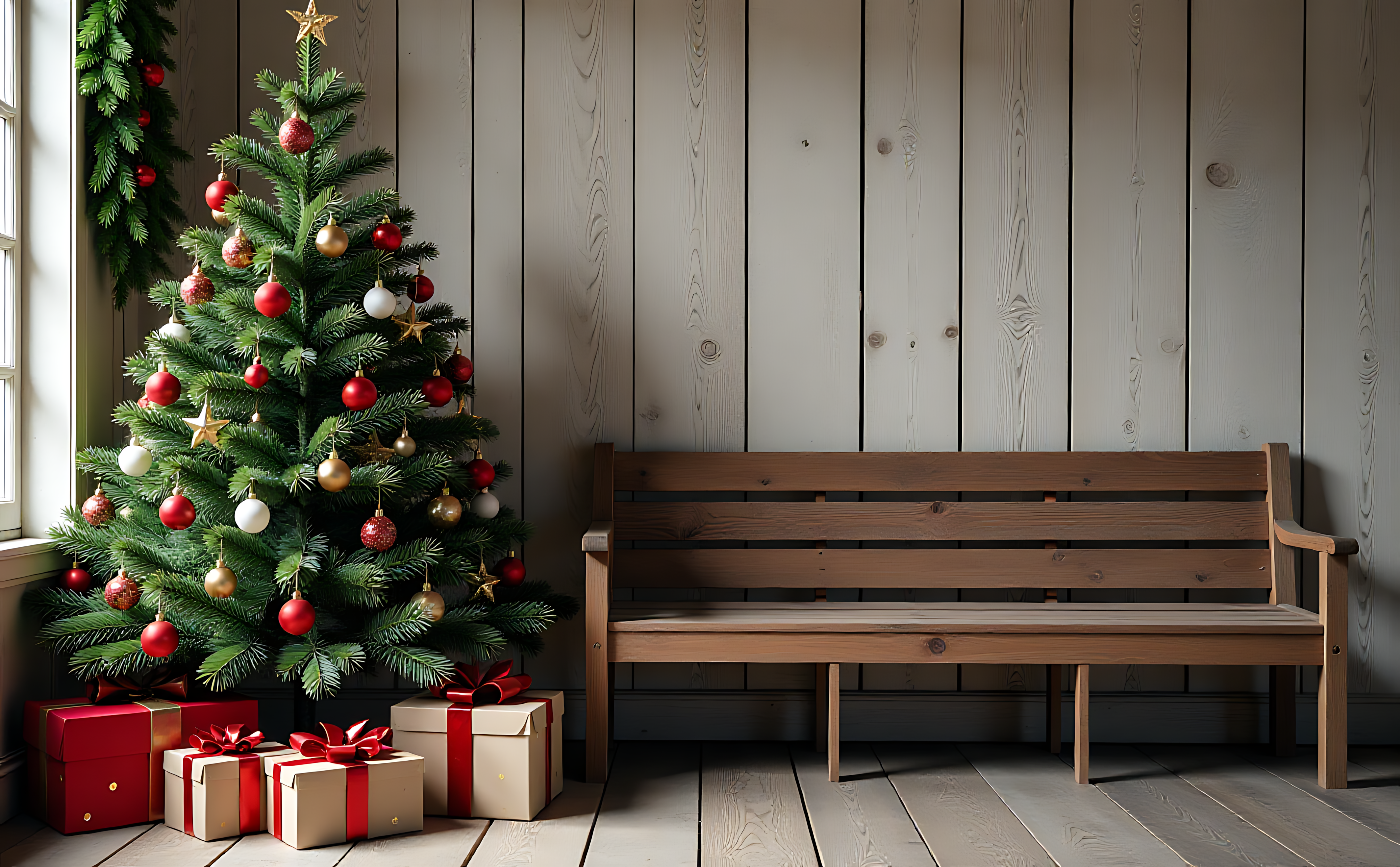 クリスマスツリーの下のベンチとプレゼント 壁紙