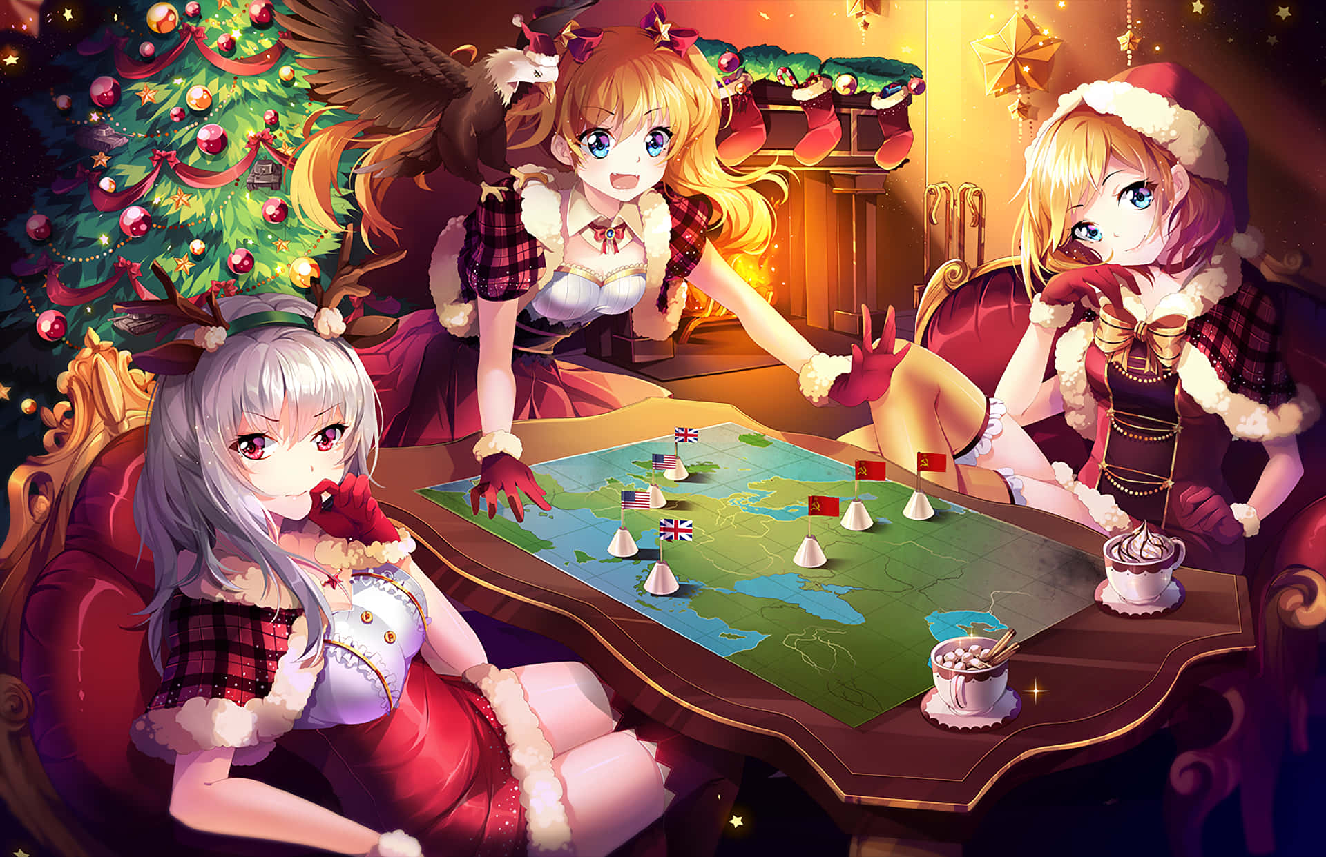クリスマスデコレーションが飾られたテーブルを囲む少女たち 壁紙