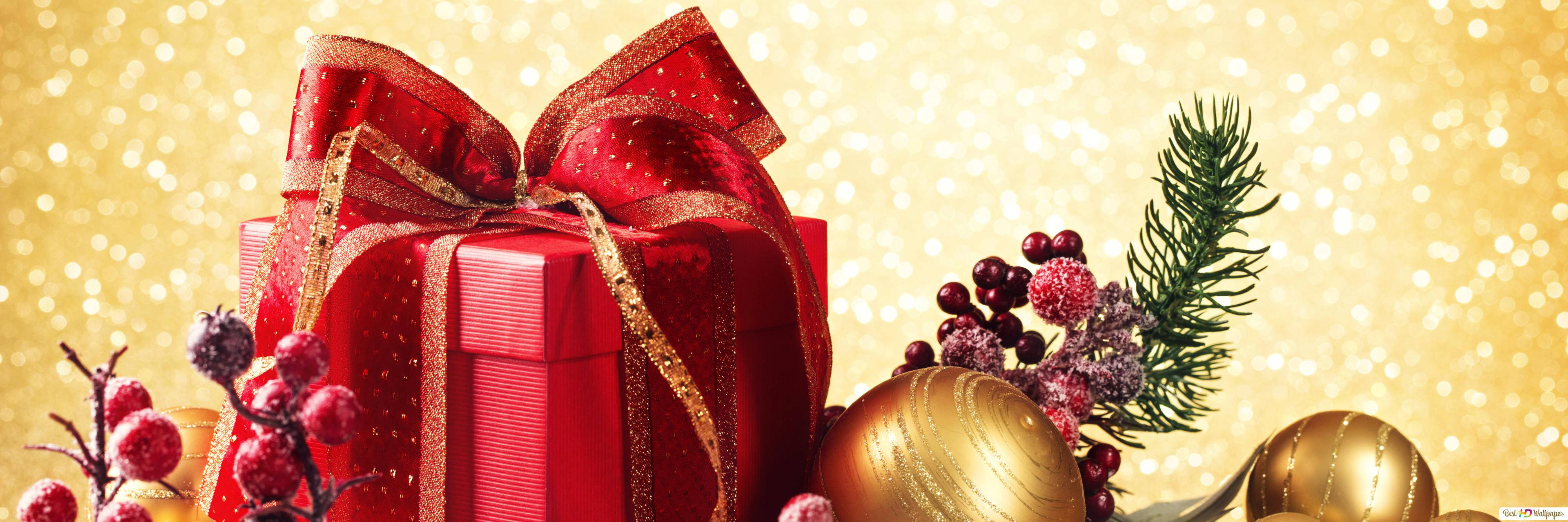 クリスマスプレゼントとホリデーベリー 壁紙
