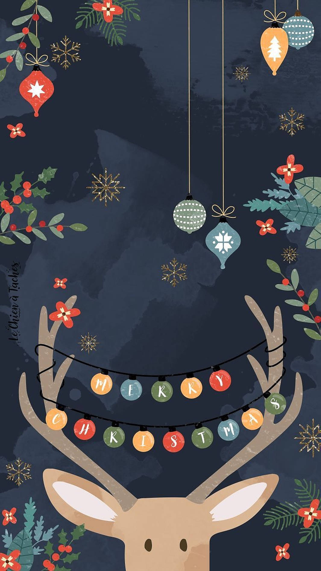 クリスマスライトをまとったかわいいトナカイ 壁紙