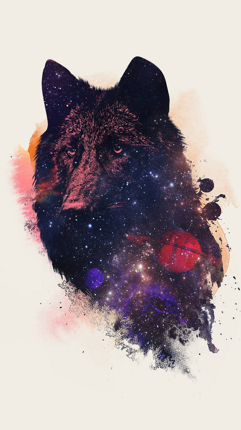 クールな銀河と天体が描かれた狼 壁紙
