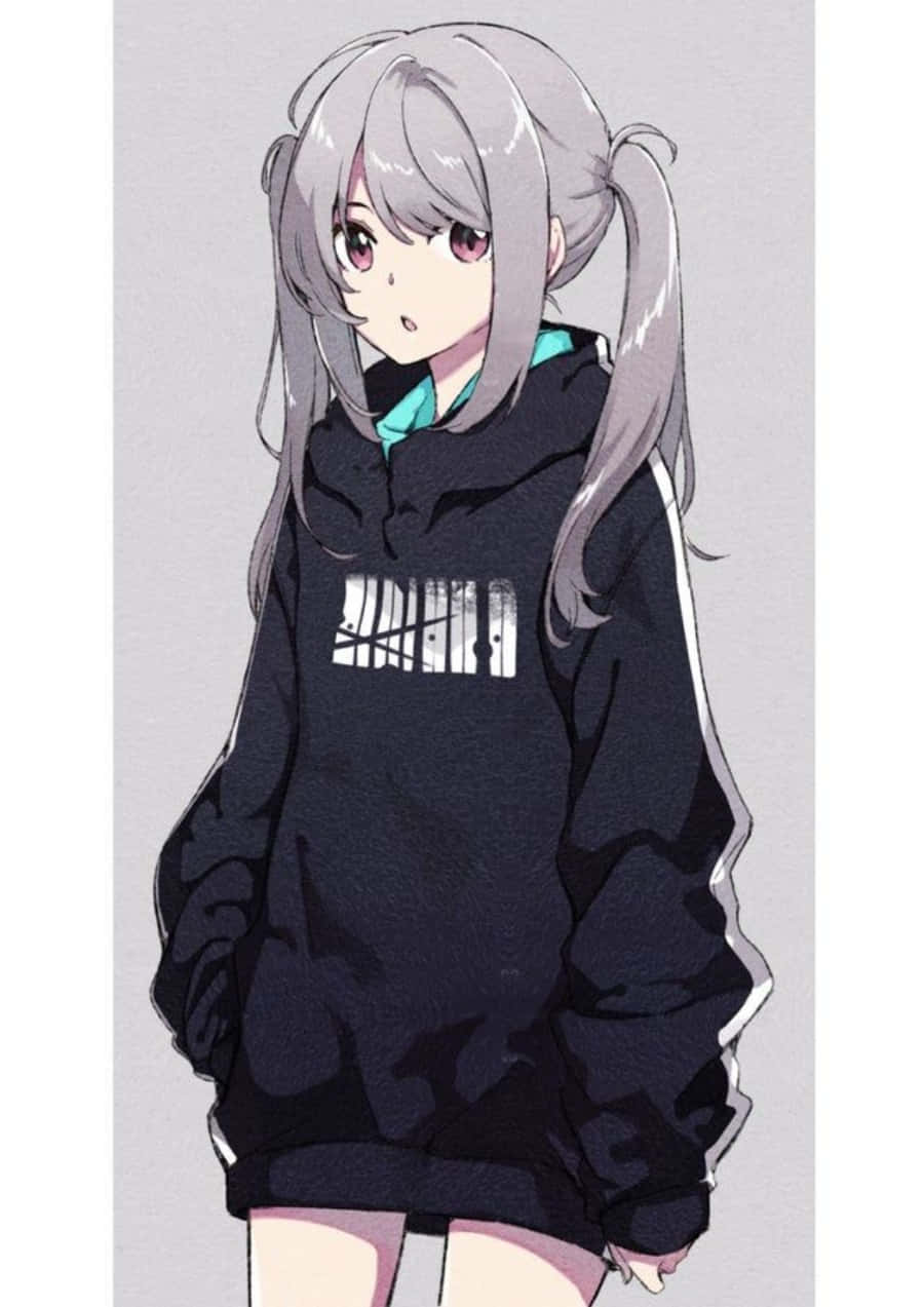 グレーの髪をした黒いパーカーを着た少女 壁紙
