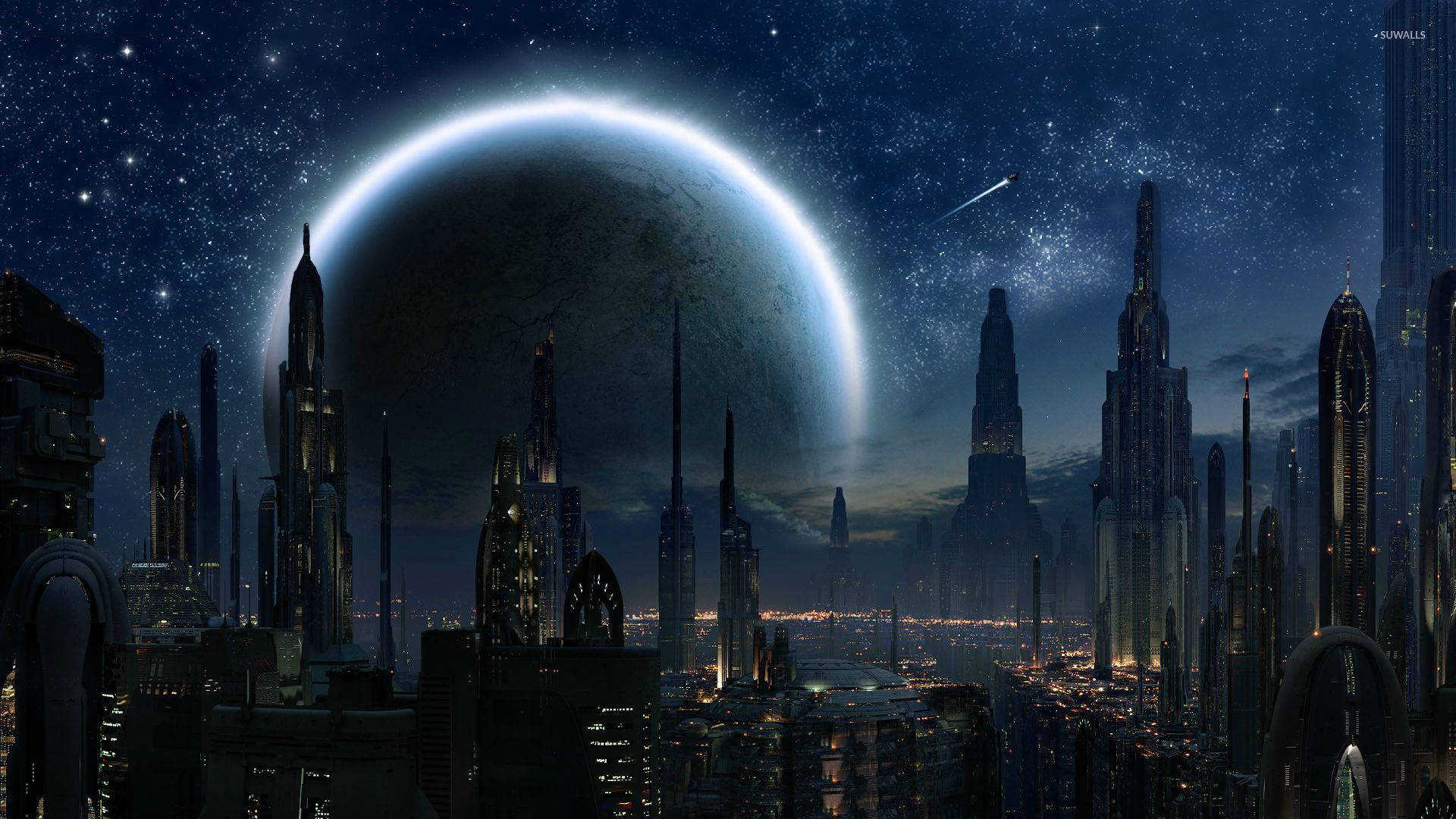 スター・ウォーズの壁紙、近代都市にそびえる高層ビルと大きな月コルサント