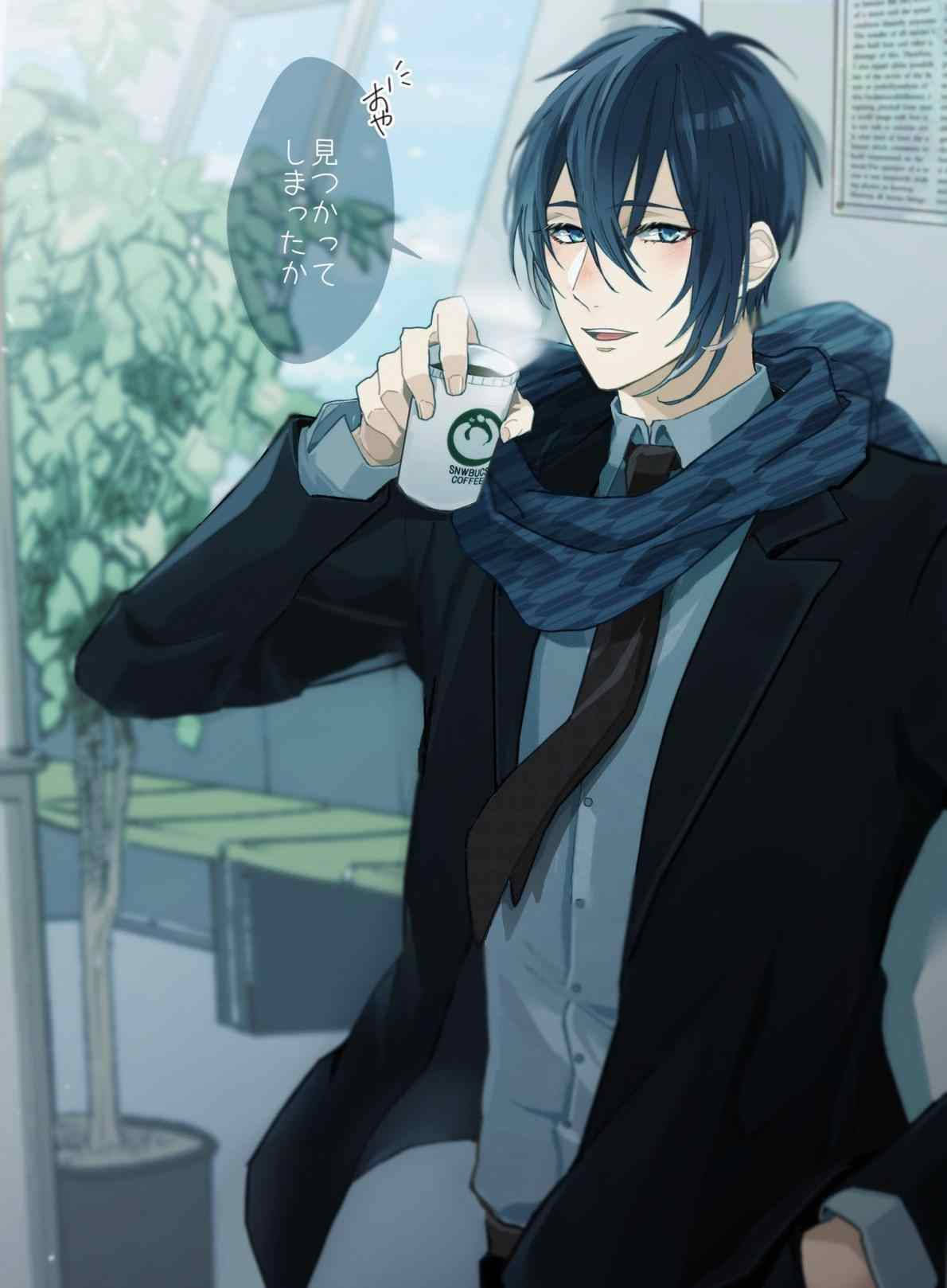 ハンサムなアニメ少年と熱いコーヒーの壁紙