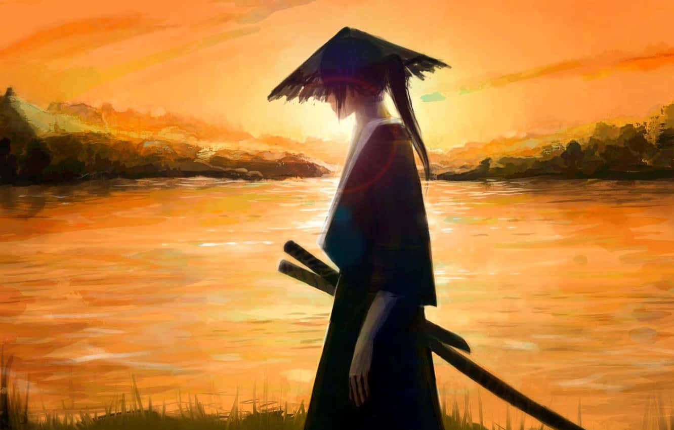 サムライアニメの戦士が夕日の中を一人歩く 壁紙
