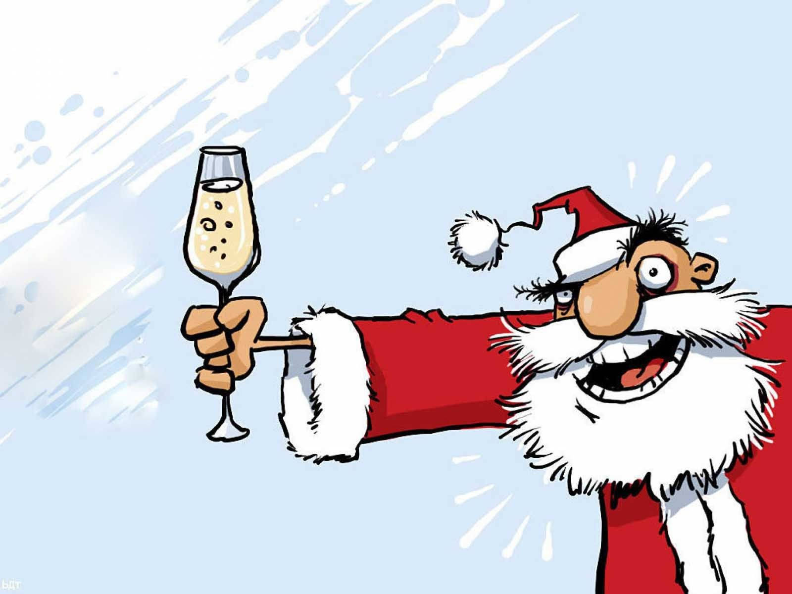 サンタクロースがシャンパンを持つ面白いクリスマス 壁紙