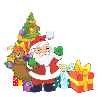 サンタクロースとクリスマスツリー、プレゼント 壁紙
