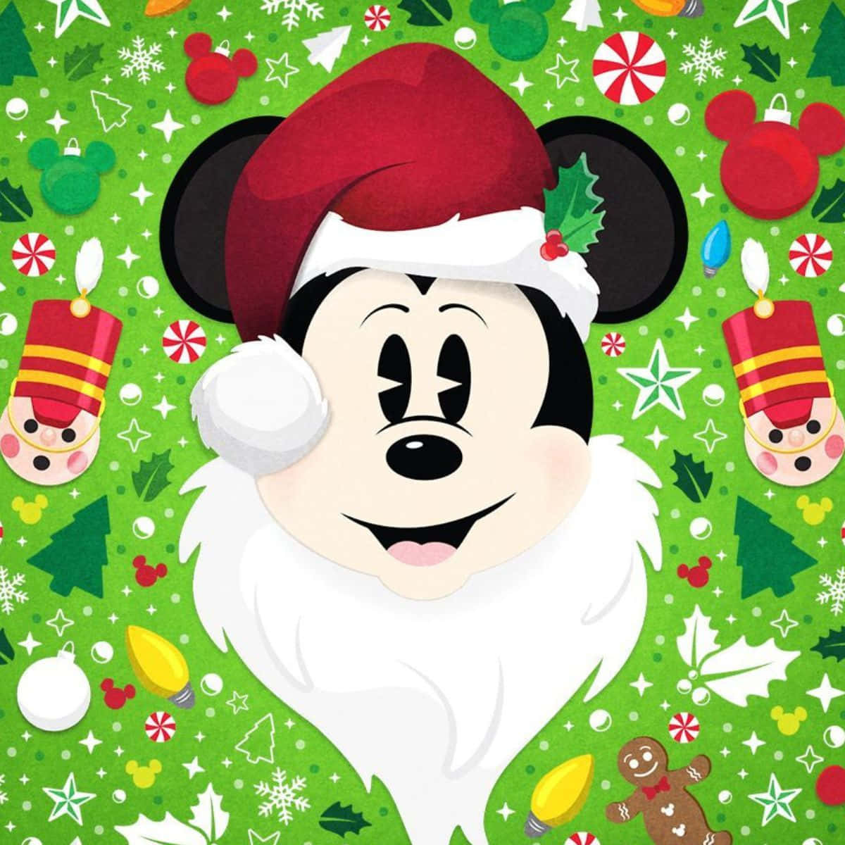 サンタ帽をかぶったミッキーマウスとクリスマスデコレーション 壁紙
