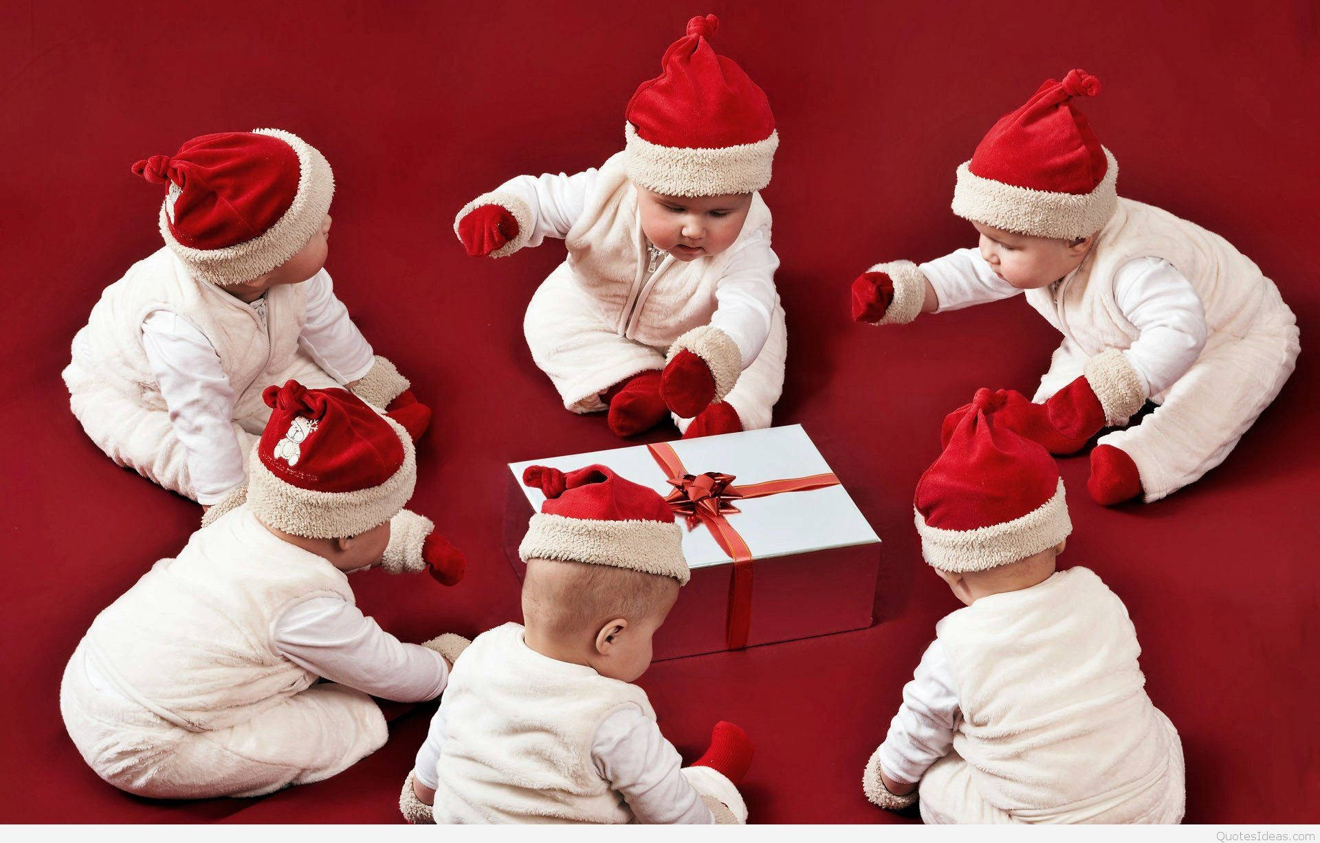 サンタ帽をかぶった赤ちゃんたちの楽しいクリスマス 壁紙