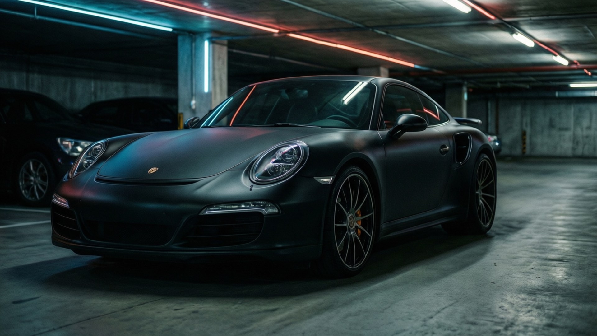 マットブラックのポルシェ911ターボSが、ネオンが反射するムーディーな地下駐車場でひときわ目立っている。