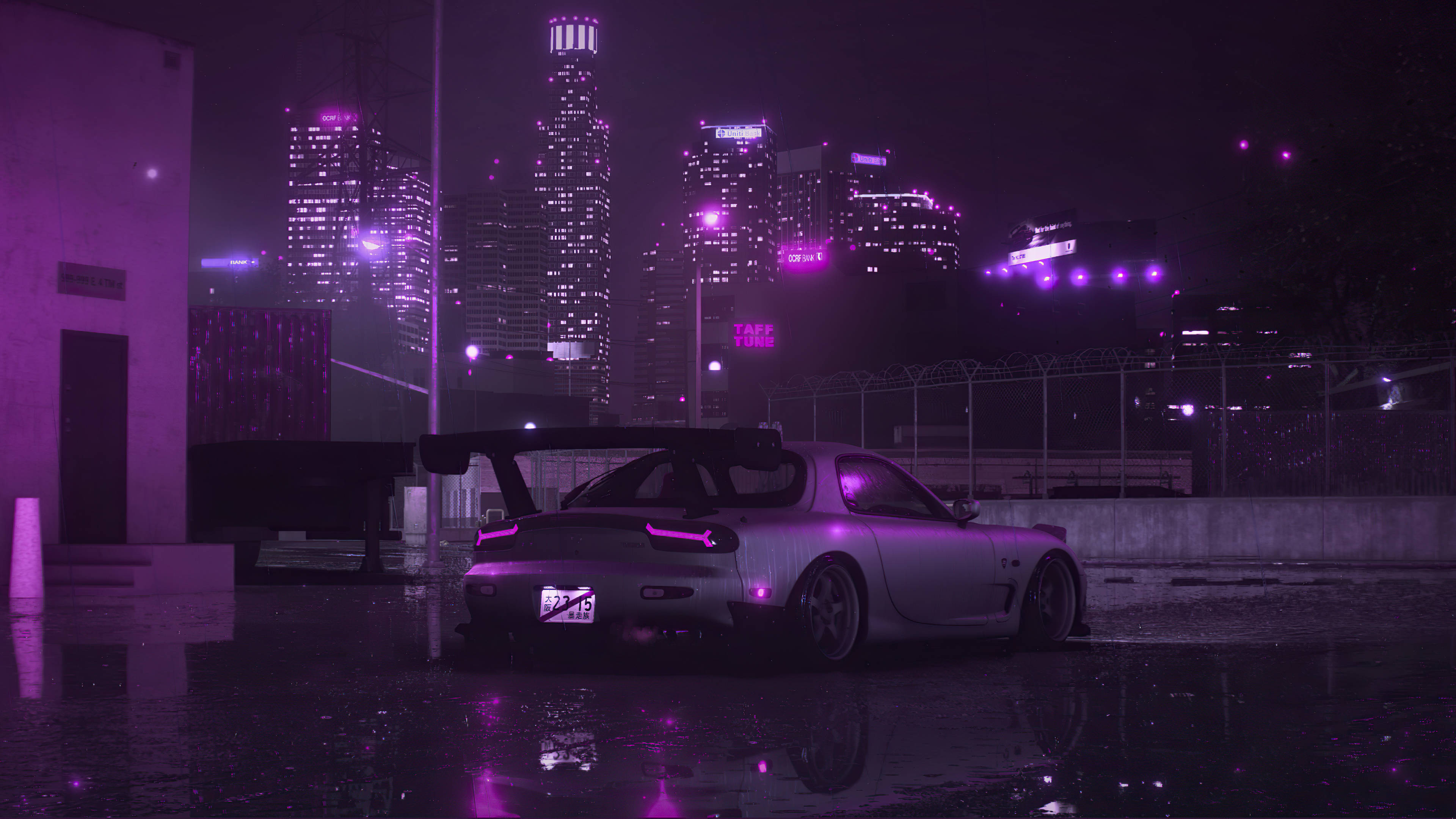 シルバーのRX-7と紫の街 壁紙