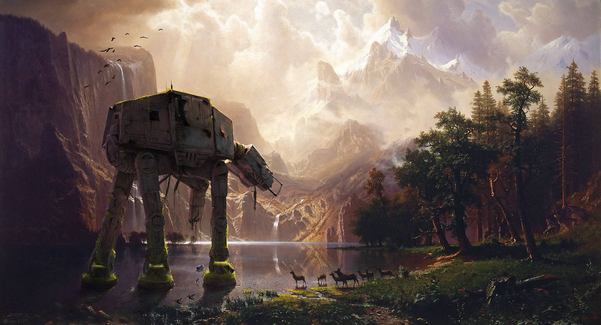 スター・ウォーズの壁紙、山を歩く恐竜ロボットと鹿や木々