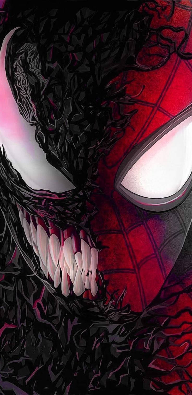 半分が通常のスパイダーマンの顔、半分が鋭い牙を持つ恐ろしいヴェノムの顔。 — スパイダーマン 壁紙