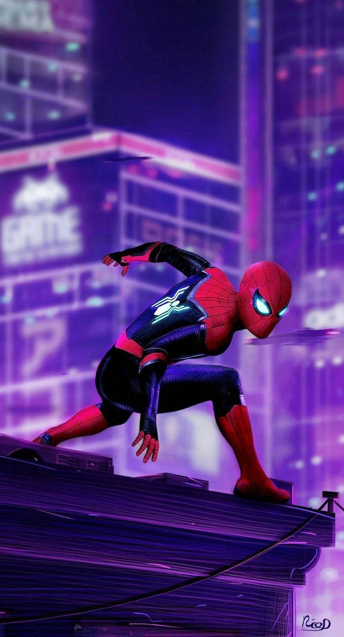 スパイダーマンが紫色の街の屋上に立ち、敵を攻撃する準備をしている。 — スパイダーマン 壁紙
