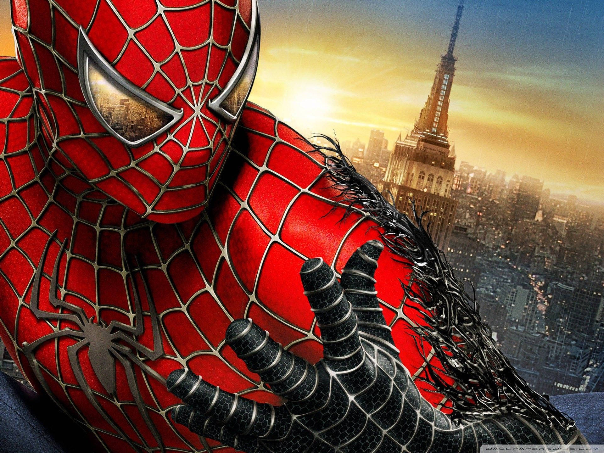 スパイダーマン、マーベルのスーパーヒーローが大都市で黒いスーツに変身する。