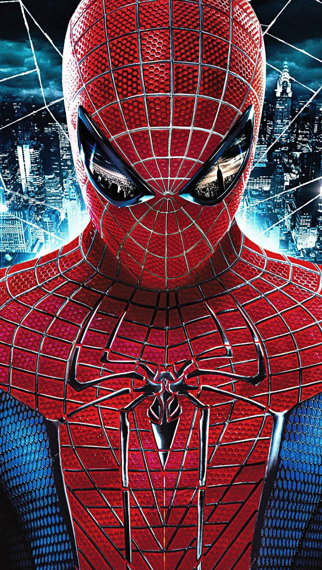 マーベルのヒーロー、スパイダーマンが青い稲妻の背景で見下ろしている。 — スパイダーマン 壁紙