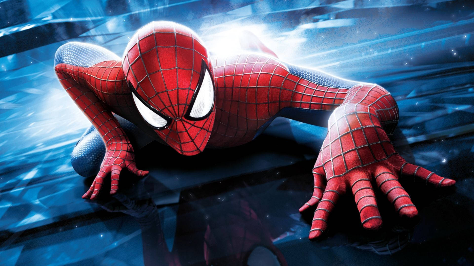 暗い街の中で、青いガラスの高層ビルを登るスパイダーマン。 — スパイダーマン 壁紙