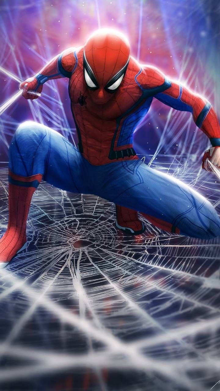 スパイダーマンがクモの巣の上で敵を攻撃する準備をしている。クモの巣の背景。