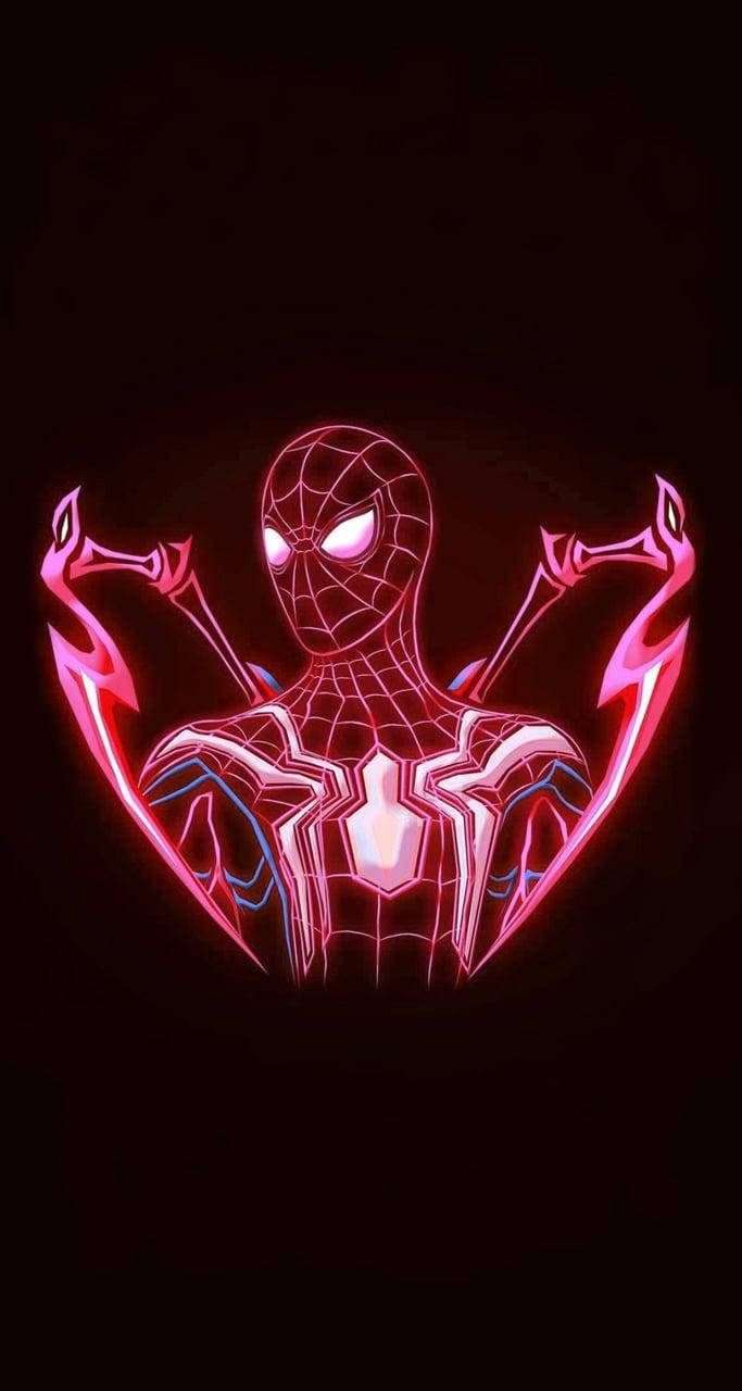 暗い黒の背景に、ピンクと赤のネオンライトが輝くスパイダーマン