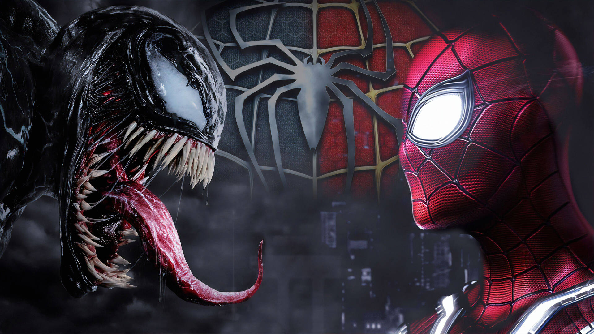 暗い黒の背景で向き合うスパイダーマンとヴェノム。 — スパイダーマン 壁紙