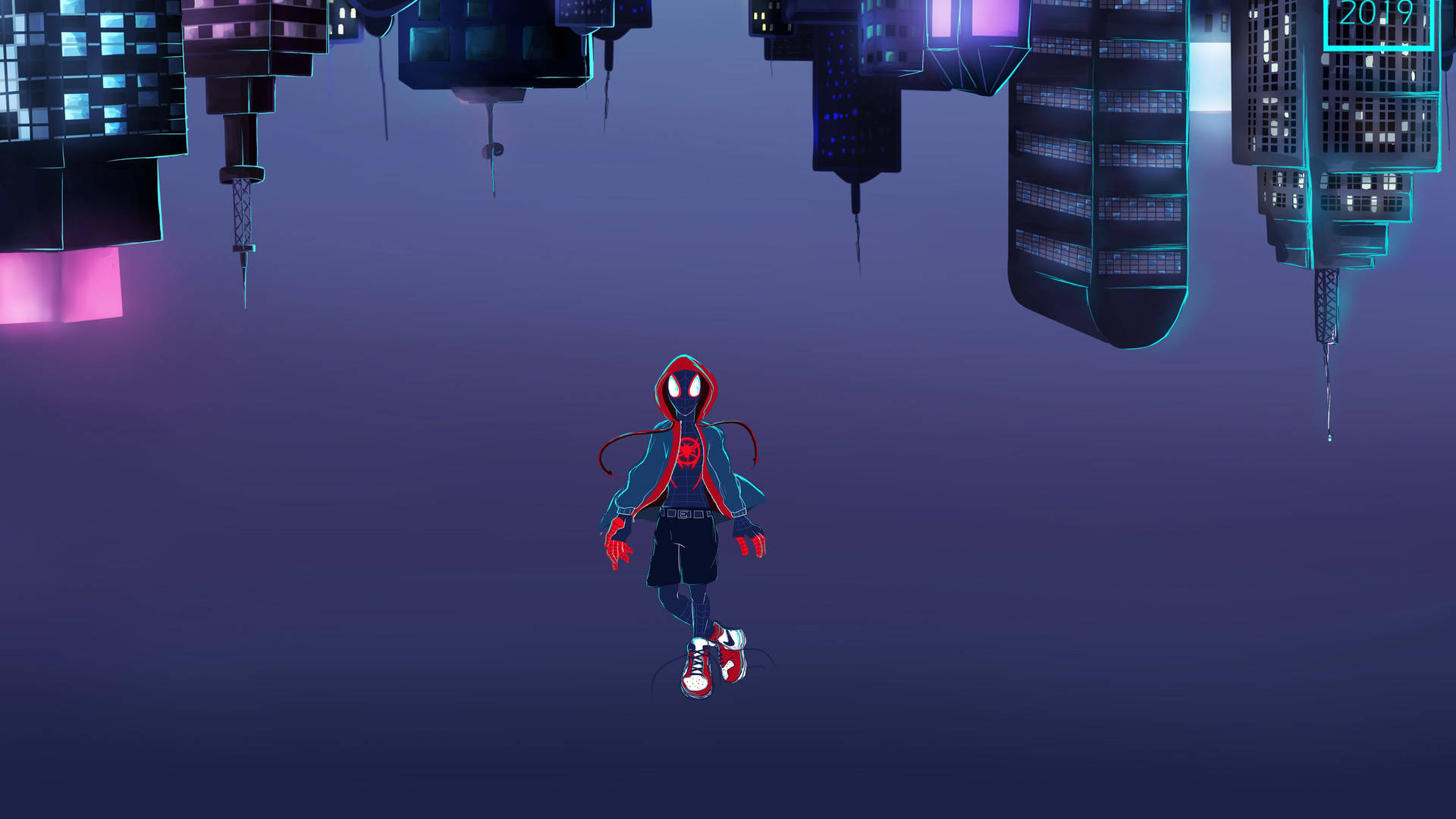 スパイダーマンが青いジャケットとスニーカーを着て、逆さまの街に浮かんでいる。