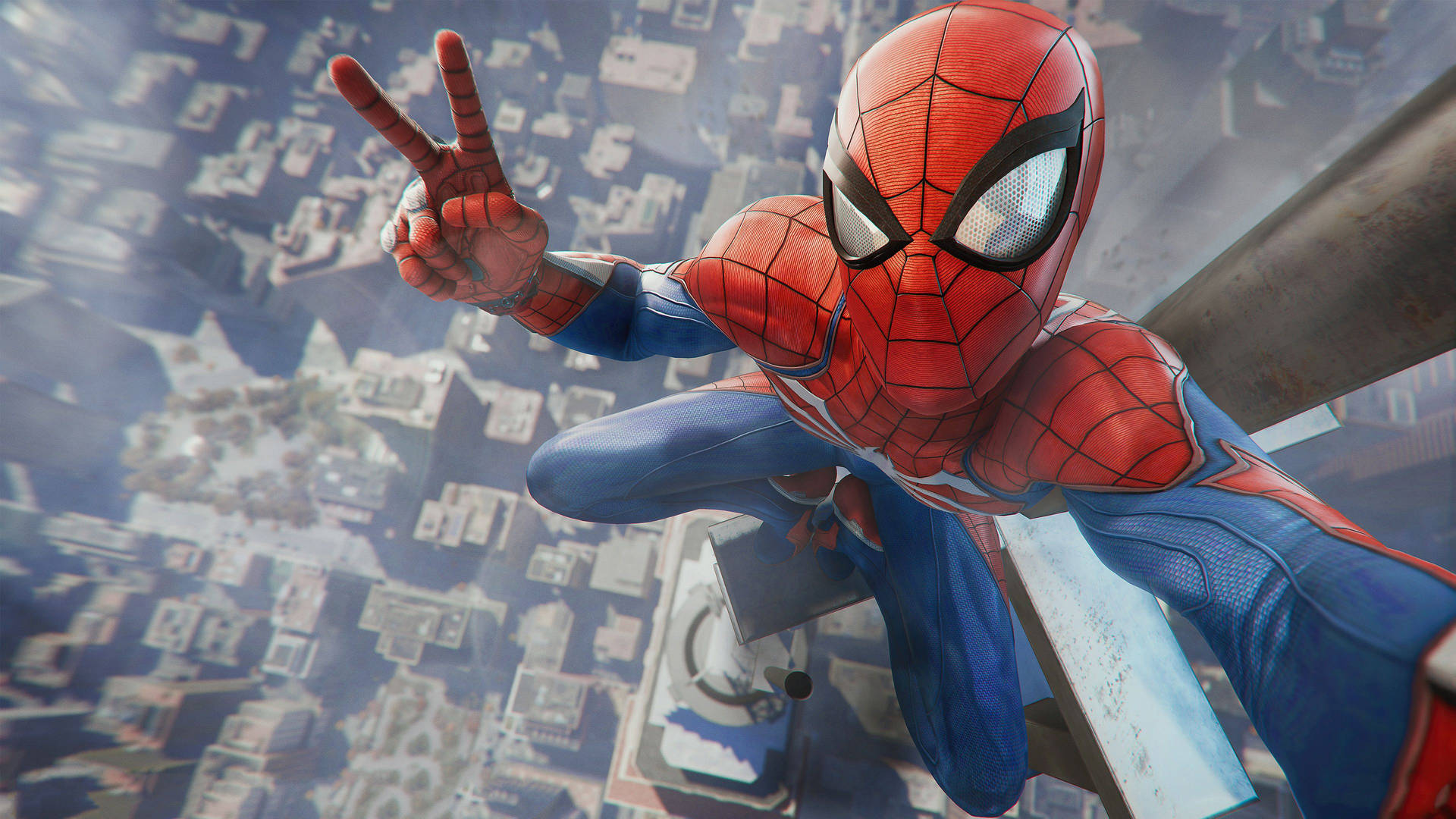 ビルの上で空を見上げ、ピースサインで自撮りをするスパイダーマン、街のトップビュー