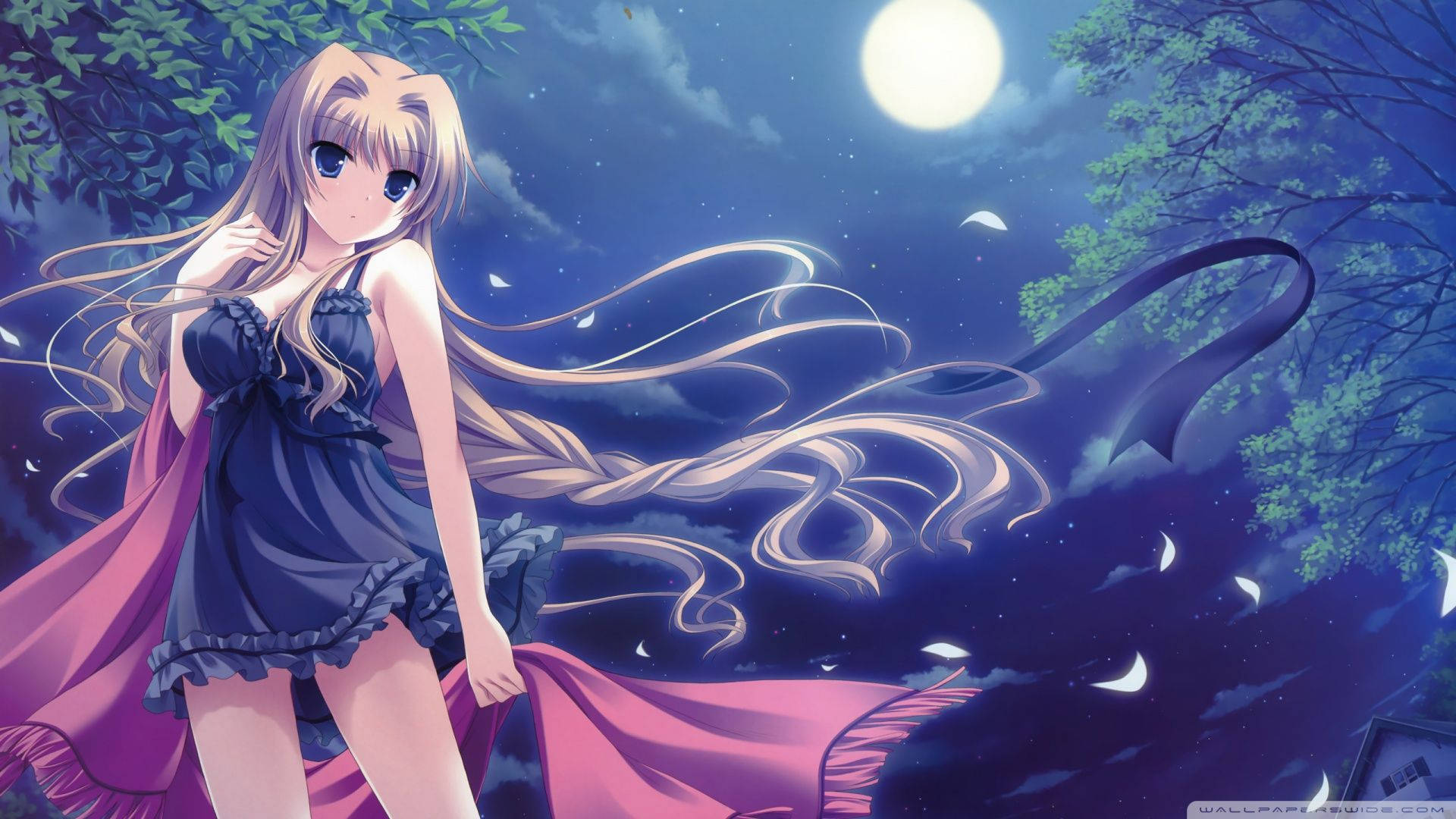 満月の下でランジェリーを着たアニメ少女の壁紙