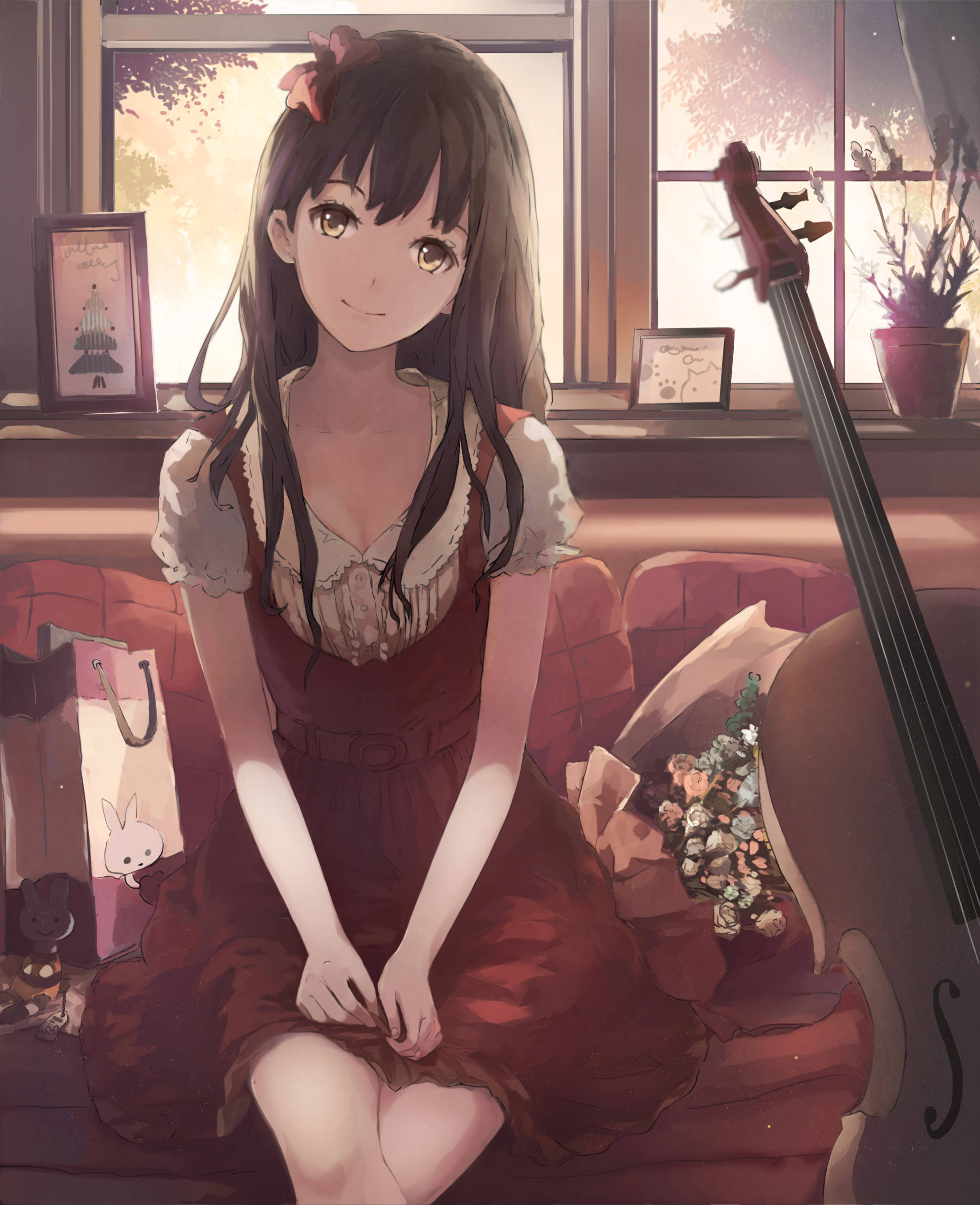 チェロを持つかわいいアニメ少女 壁紙
