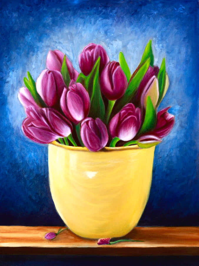チューリップの花瓶の絵画 壁紙