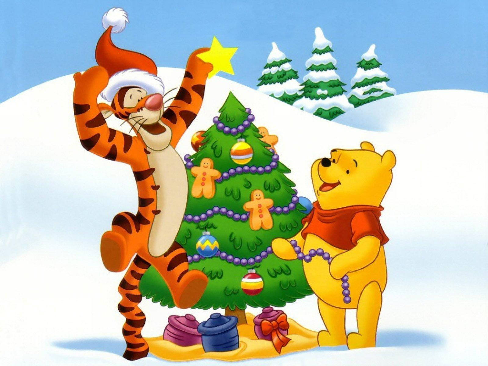 ディズニー くまのプーさんがクリスマスツリーを飾る 壁紙