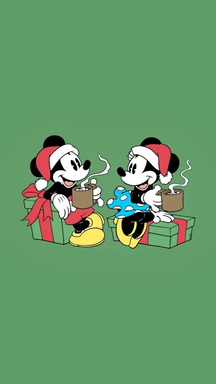 ディズニークリスマス ミッキーとミニーがコーヒーを飲むiPhone壁紙 壁紙