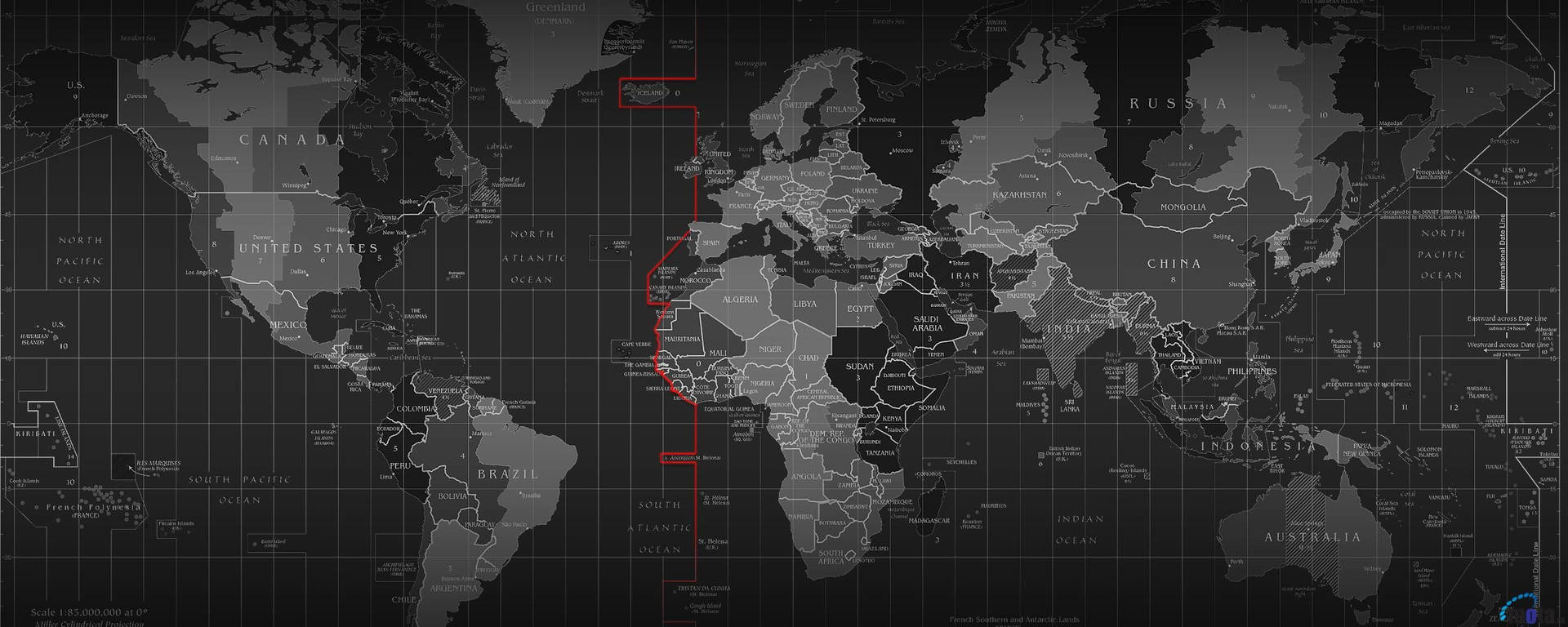 グレーの色合いで描かれた世界地図のデュアルモニター壁紙