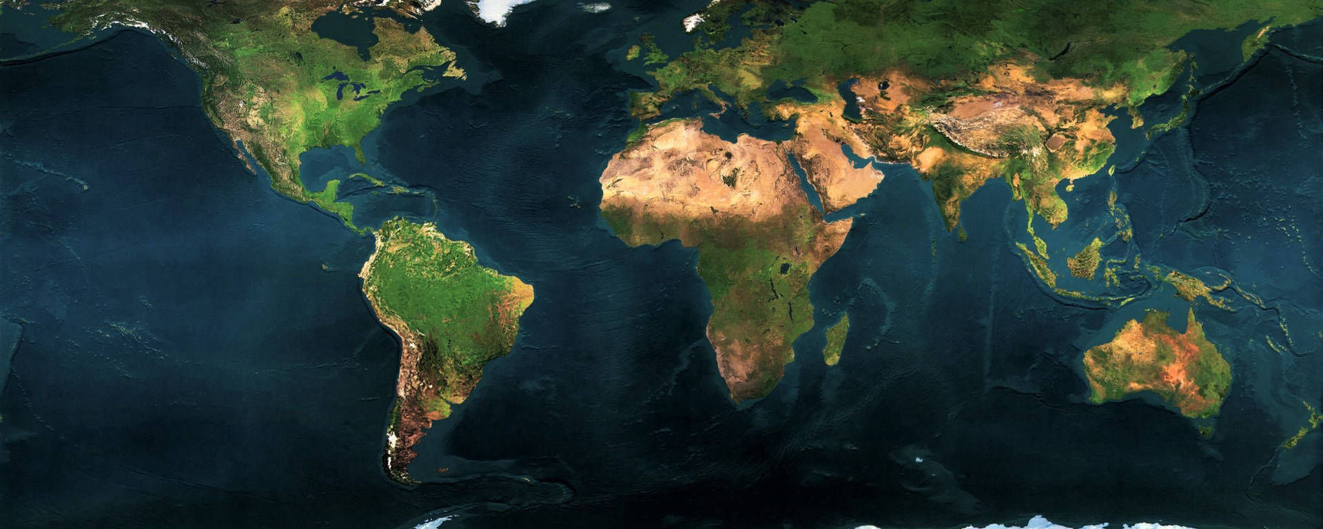 実際の地球の眺めを世界地図として表現したデュアルモニター用壁紙