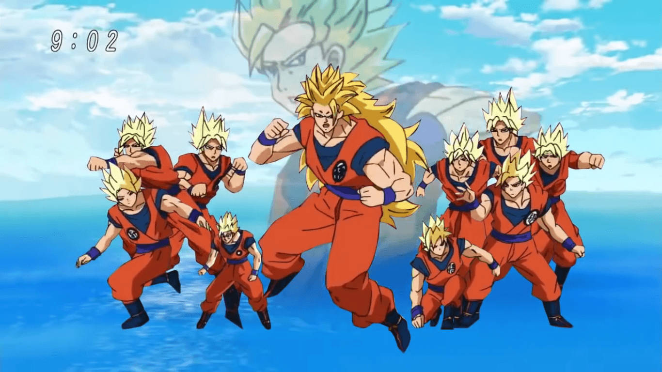 ドラゴンボールZ サン・ゴク 超ブロリー、複数の超サイヤ人が一体に、黄色いトゲトゲの髪のアニメキャラクター