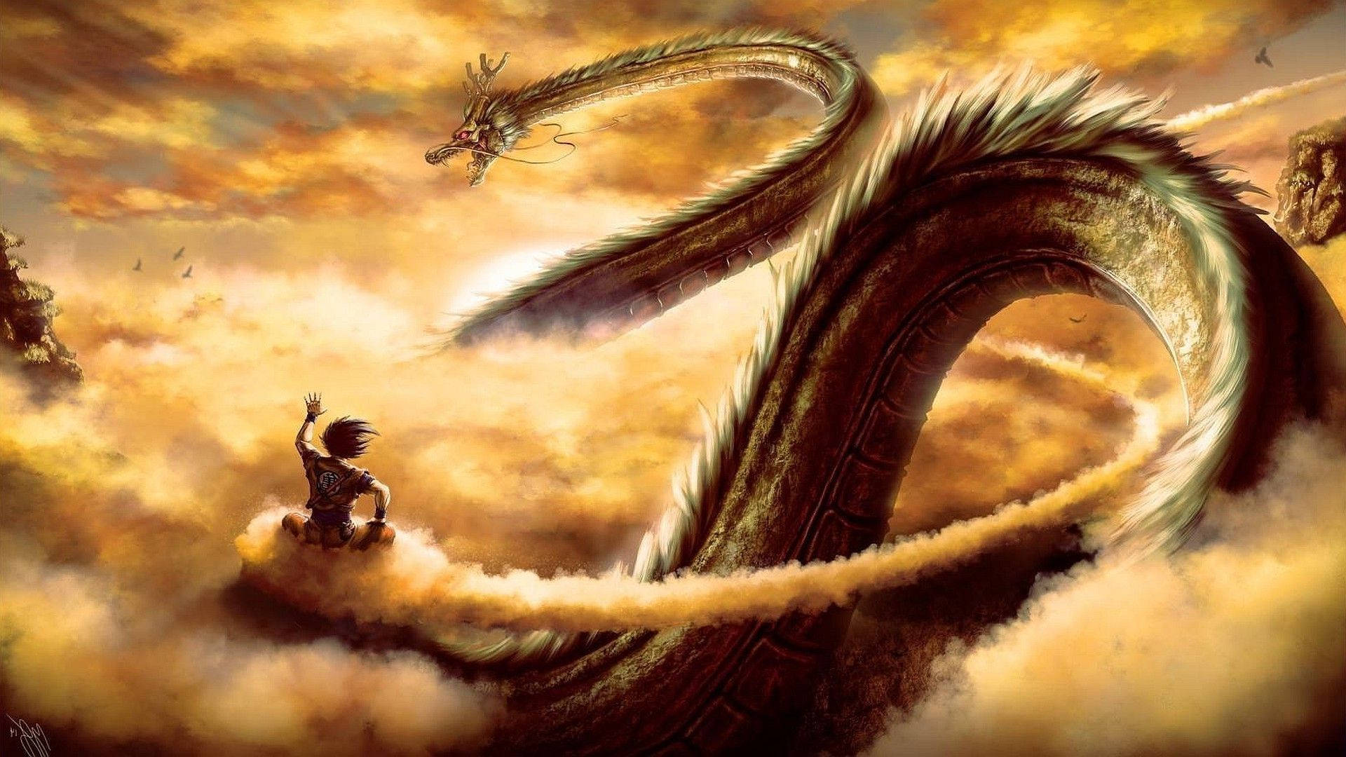 ドラゴンボールZ 実写版 本物のシェンロン、長い緑のドラゴン、サン・ゴクが雲に乗っている