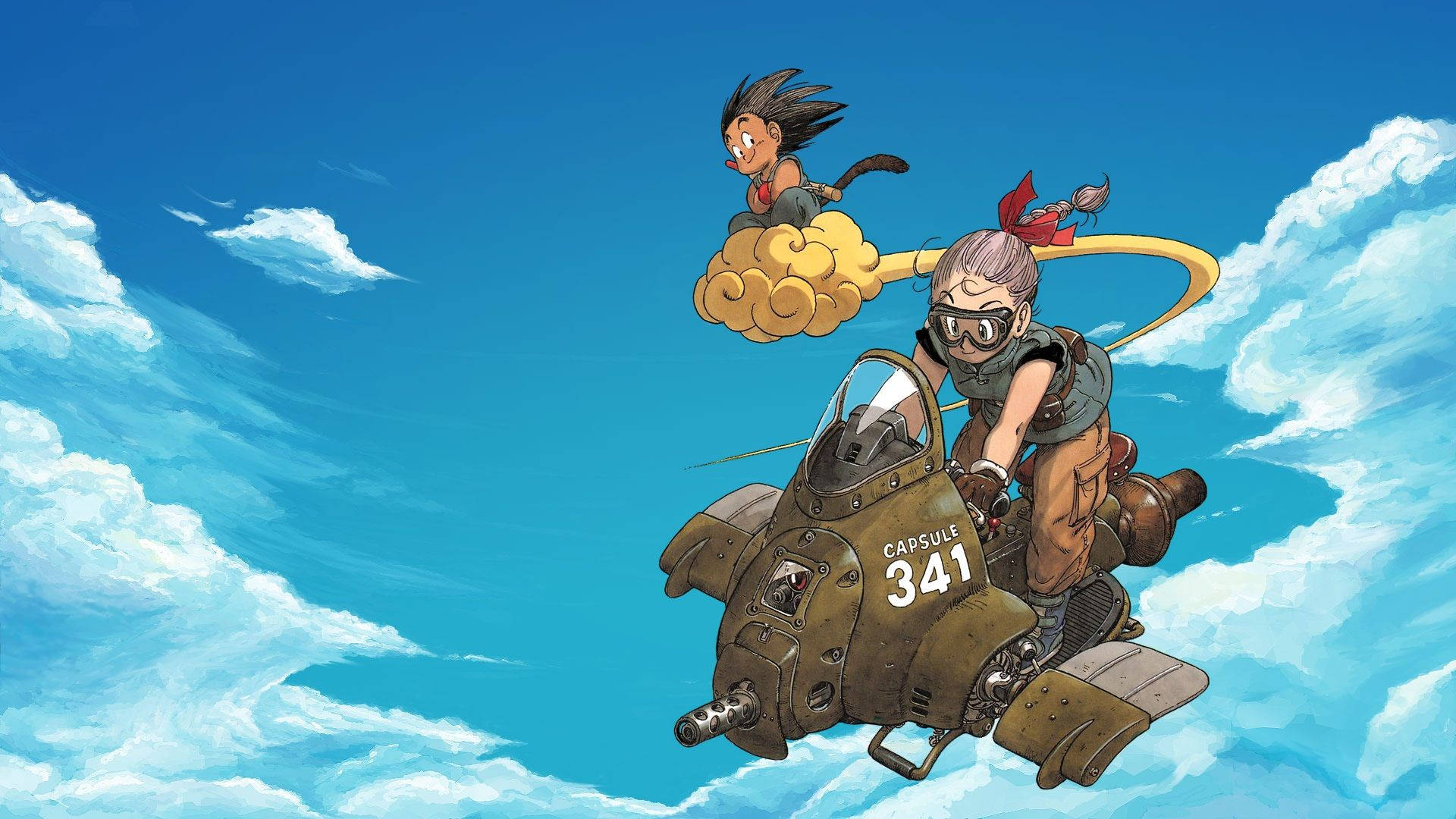 ドラゴンボールZ 悟天とパンが空飛ぶ乗り物を運転し、悟天は雲に乗っている
