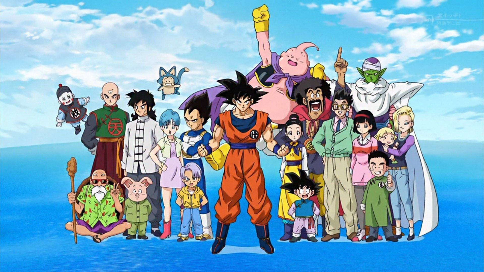 ドラゴンボールのキャラクター サン・ゴク、ベジータ、魔人ブウ、ピッコロが水の上に立っている