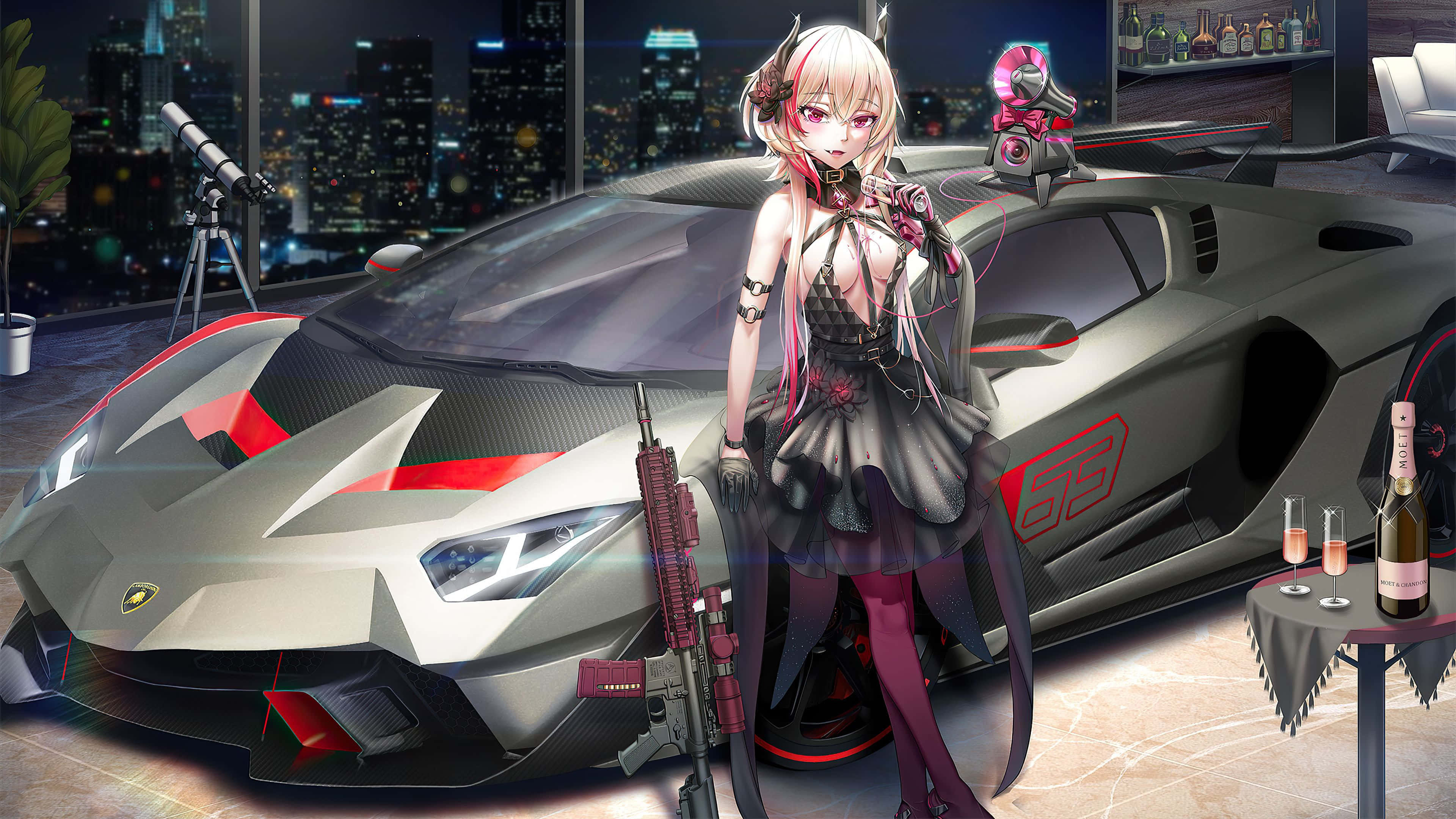 ドレスを着た少女が車の隣に立っている 壁紙