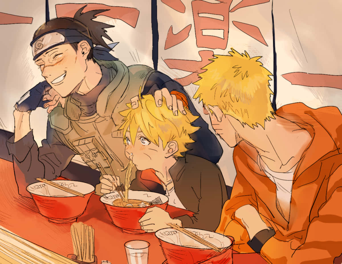 ナルトのキャラクターたちがラーメンを楽しむ 壁紙